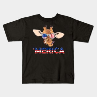 Merica Giraffe Wearing Sunglasses 4Th Of July American Flag Kids T-Shirt